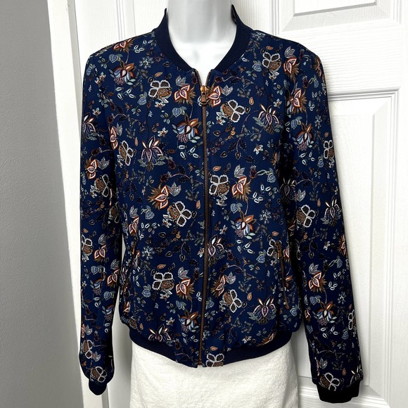 Sale!!! Zara Trafaluc Outerwear size S Floral Bomber Jacket Full Zip Navy Blue - Picture 2 of 2